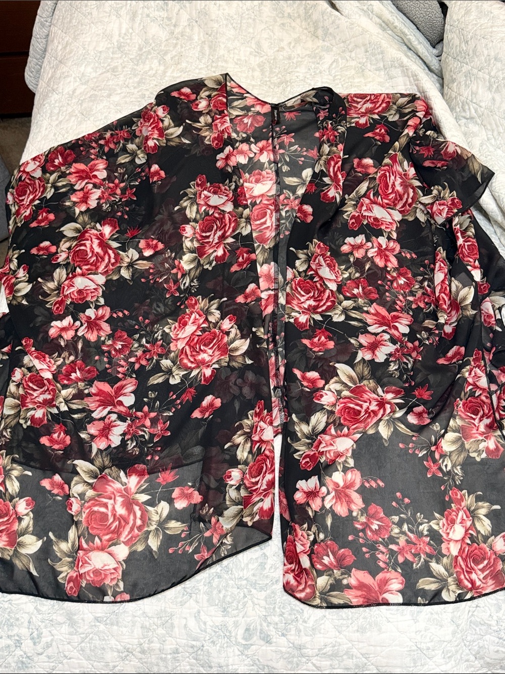 Sheer Floral Open-Front Kimono Blazer - Black with Red Rose Print
